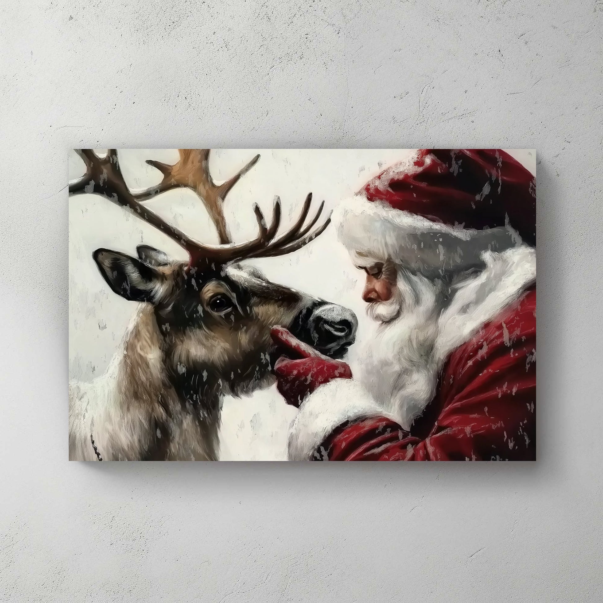 Santa Claus gently interacting with his reindeer in a snowy setting, evoking holiday warmth and tradition.