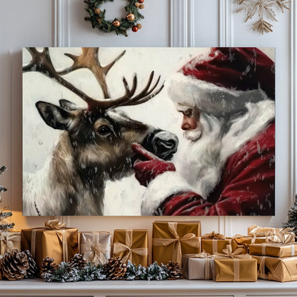 Santa Claus gently interacting with his reindeer in a snowy setting, evoking holiday warmth and tradition.