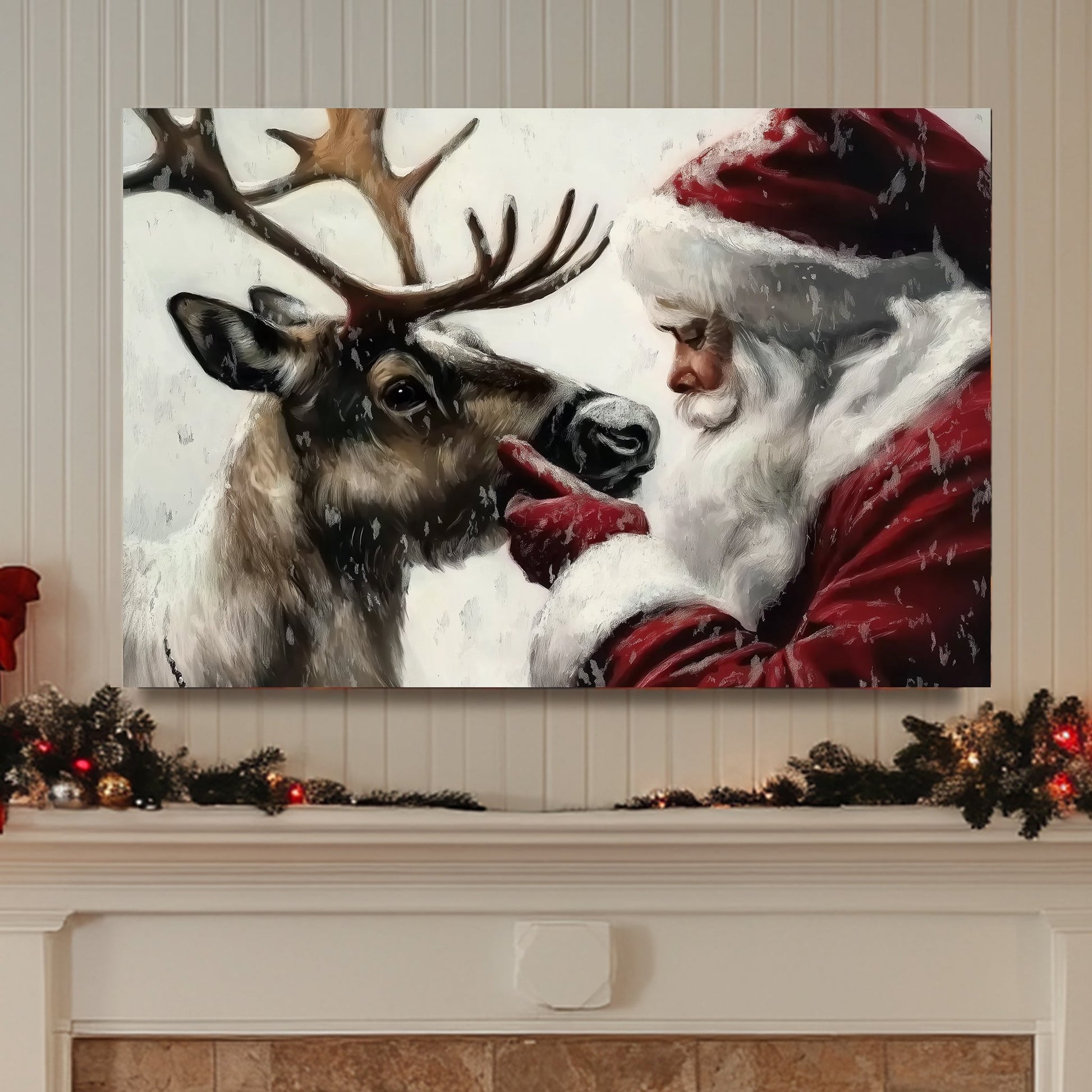 Santa Claus gently interacting with his reindeer in a snowy setting, evoking holiday warmth and tradition.