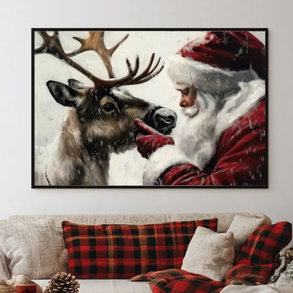 Santa Claus gently interacting with his reindeer in a snowy setting, evoking holiday warmth and tradition.