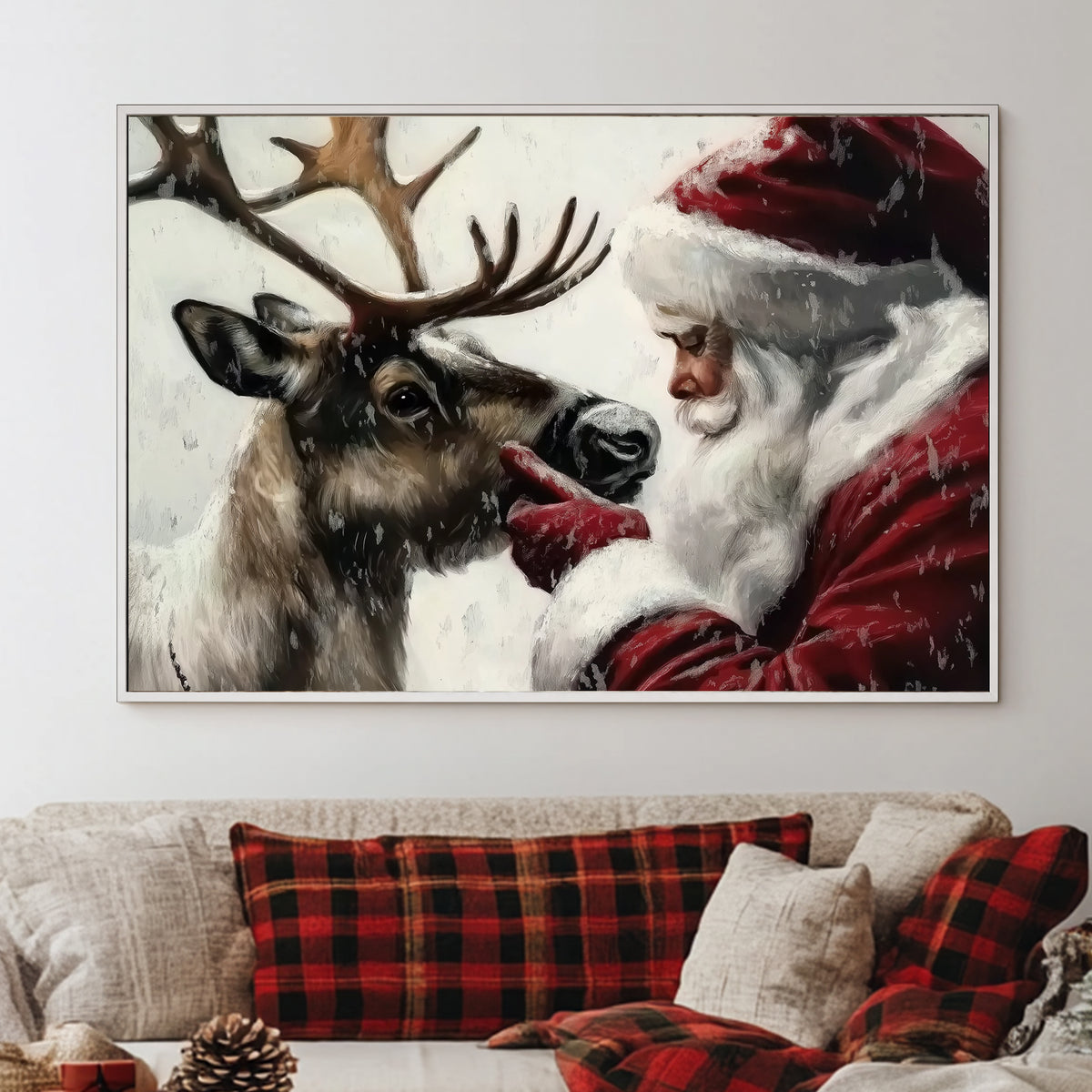Santa Claus gently interacting with his reindeer in a snowy setting, evoking holiday warmth and tradition.