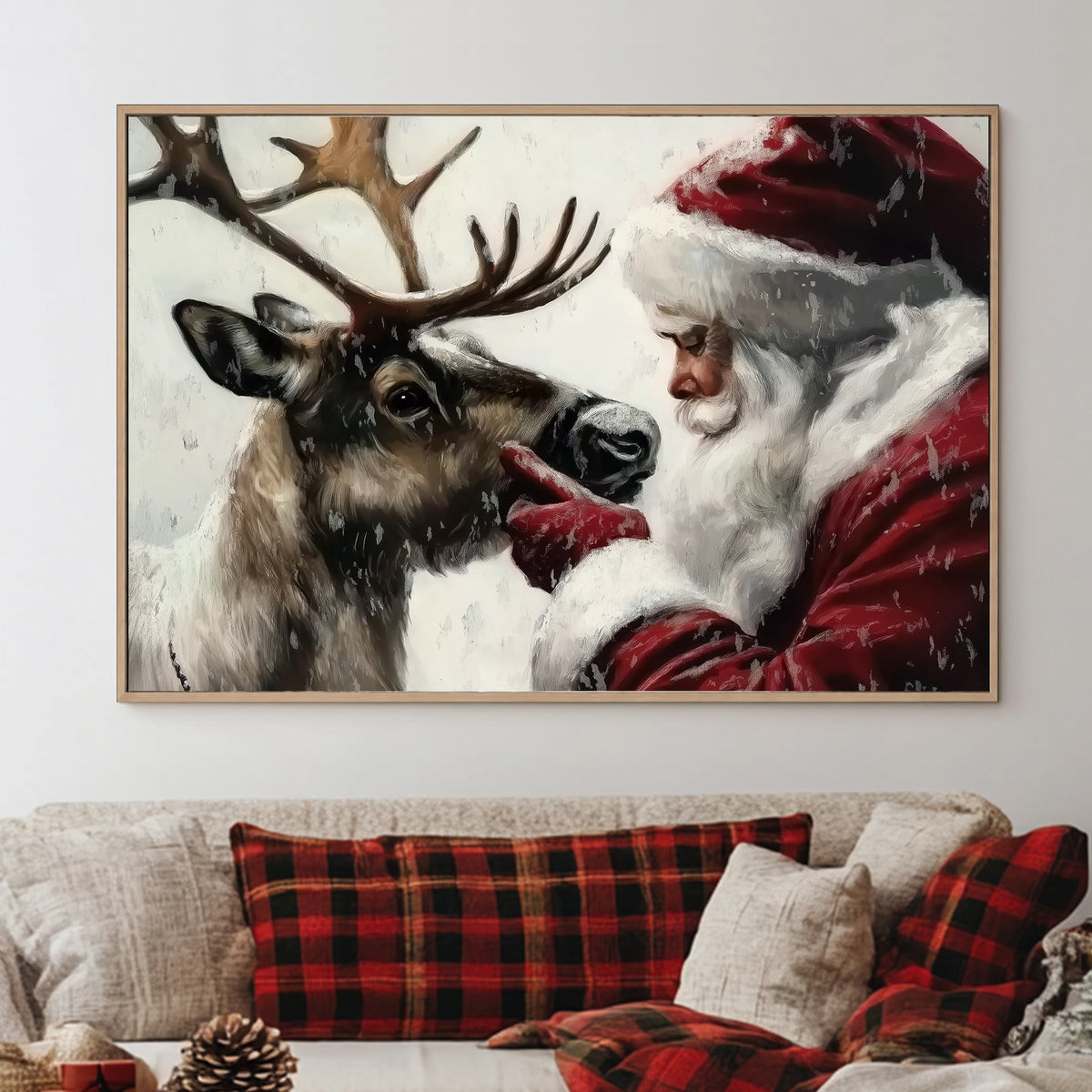 Santa Claus gently interacting with his reindeer in a snowy setting, evoking holiday warmth and tradition.