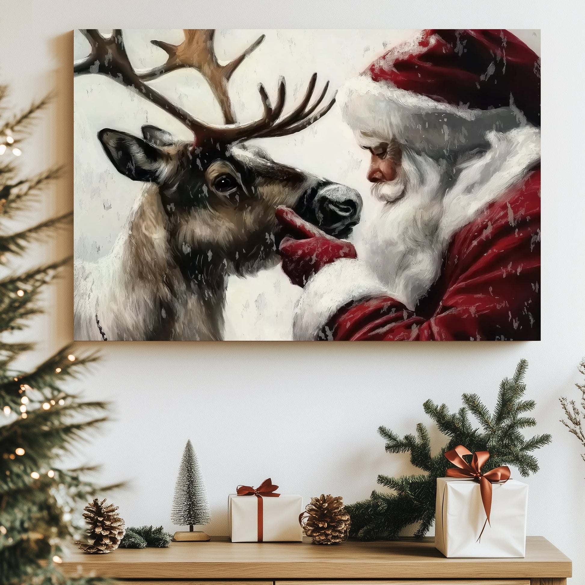 Santa Claus gently interacting with his reindeer in a snowy setting, evoking holiday warmth and tradition.