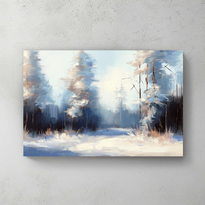 A serene winter forest scene with frosted trees and soft blue tones in an impressionistic style.