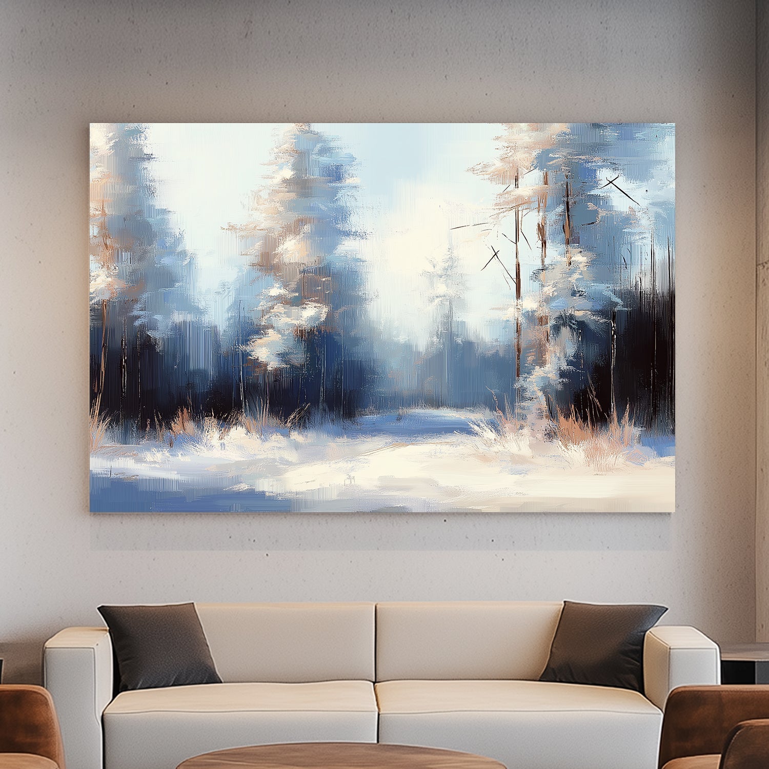 A serene winter forest scene with frosted trees and soft blue tones in an impressionistic style.