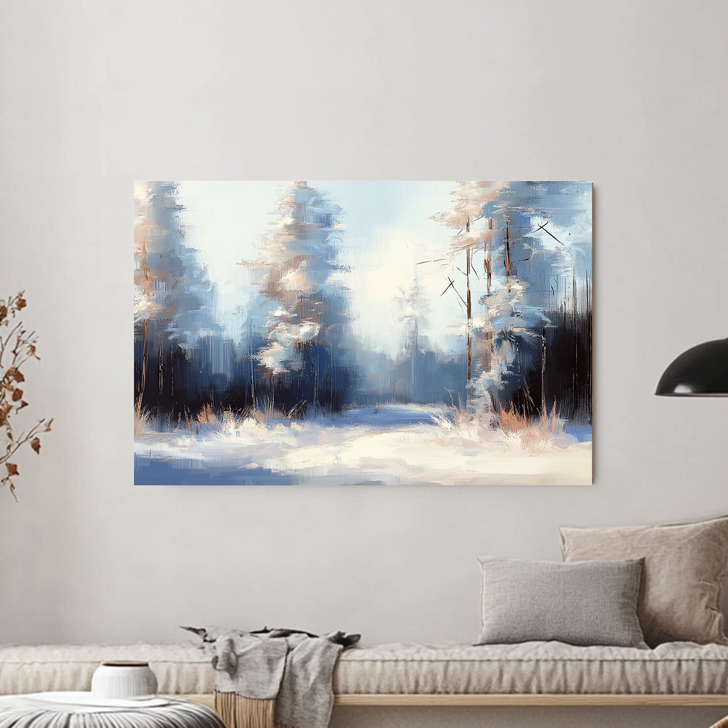 A serene winter forest scene with frosted trees and soft blue tones in an impressionistic style.