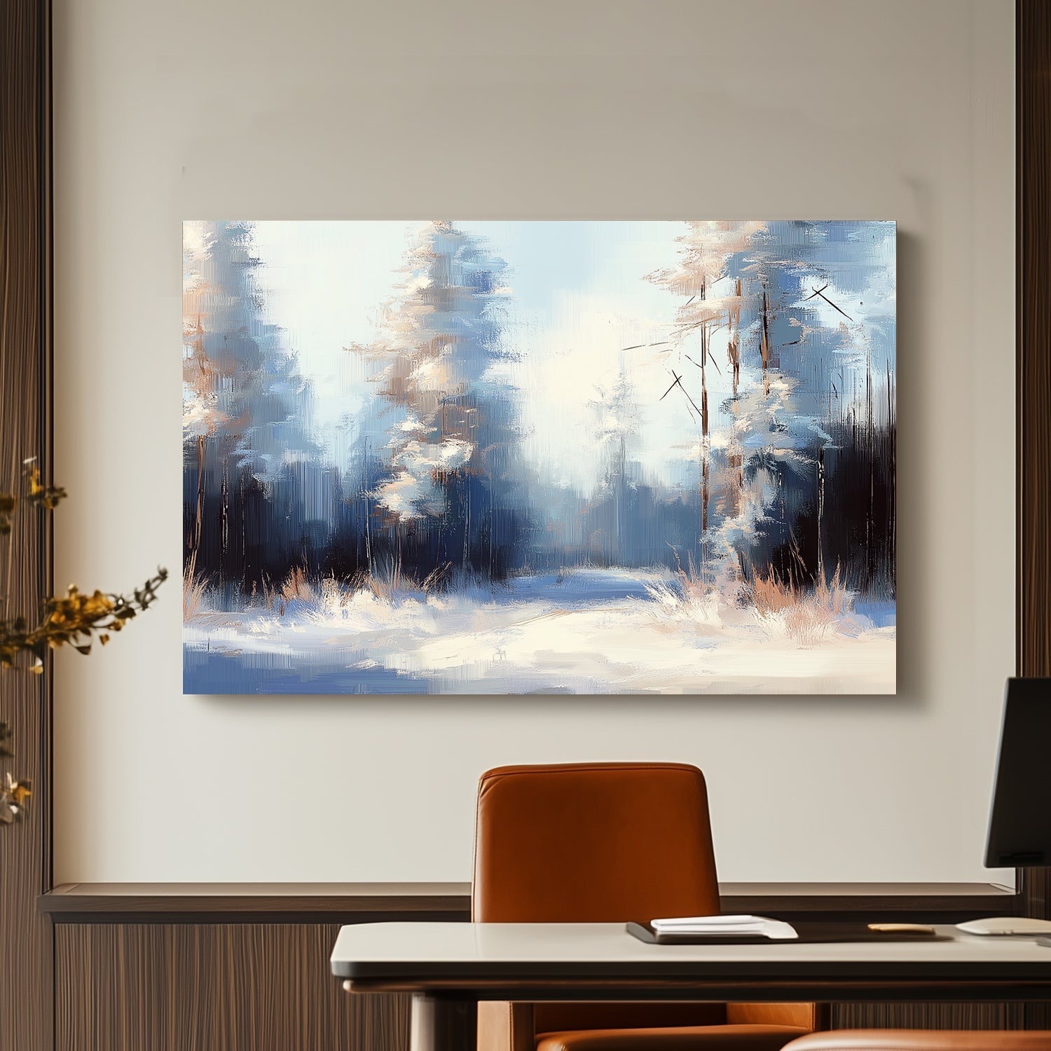 A serene winter forest scene with frosted trees and soft blue tones in an impressionistic style.