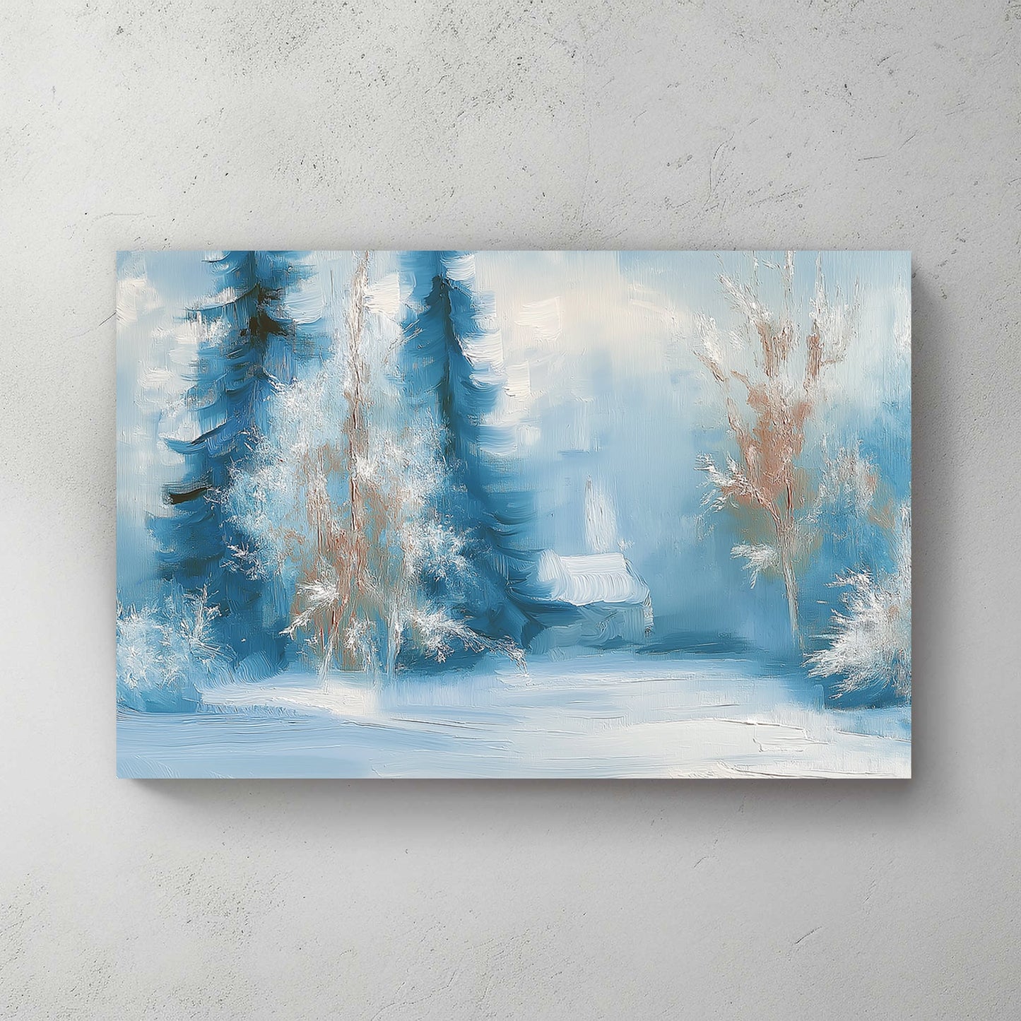 Impressionistic painting of frosted trees and a snowy cabin in shades of blue and white.