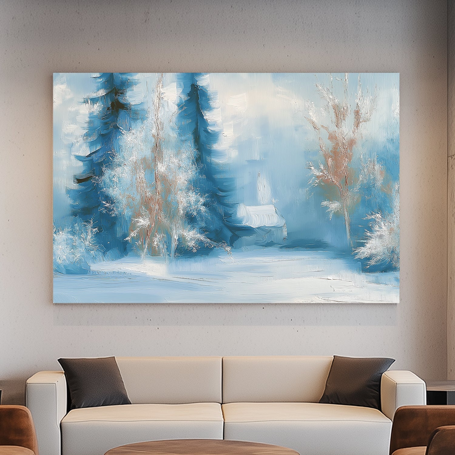 Impressionistic painting of frosted trees and a snowy cabin in shades of blue and white.