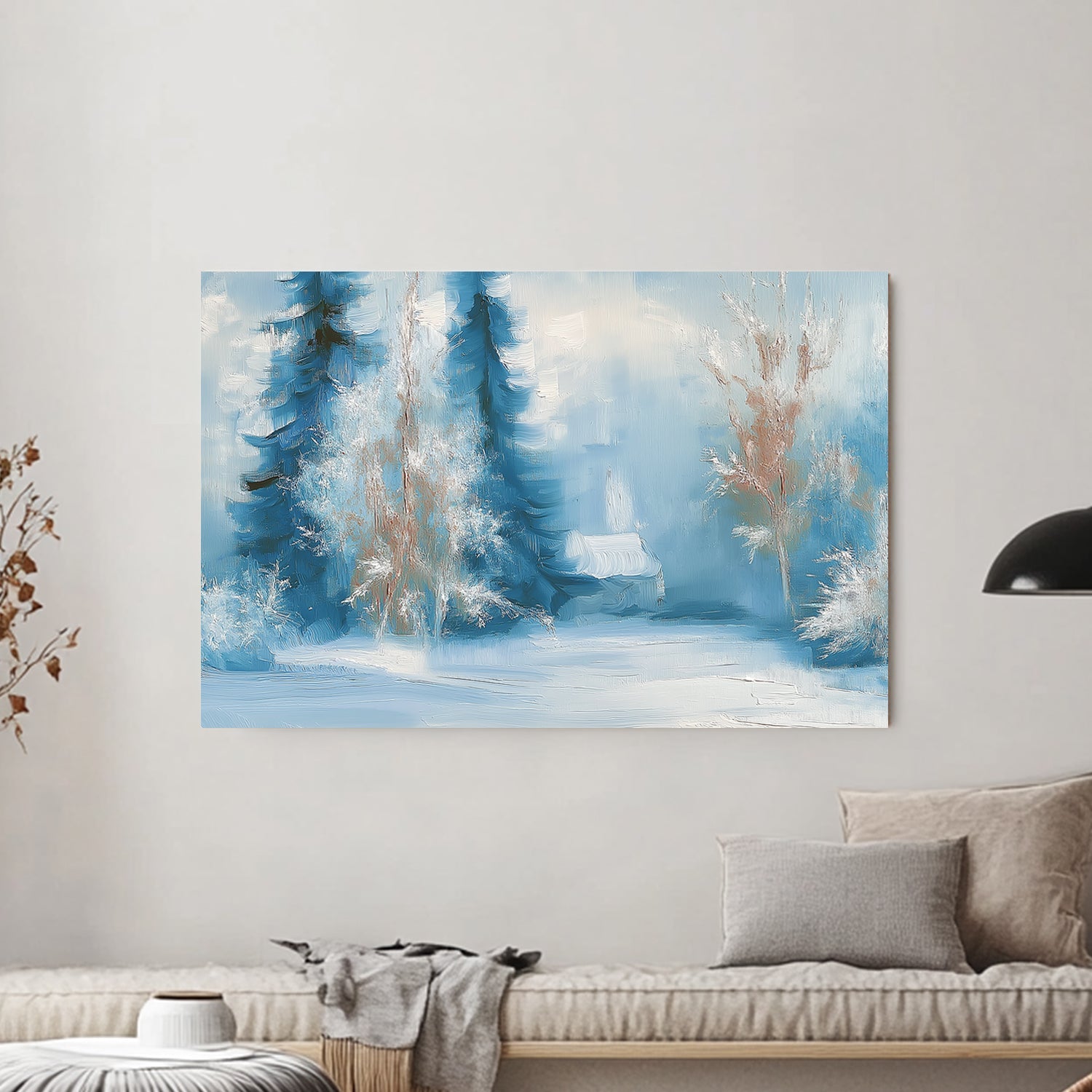 Impressionistic painting of frosted trees and a snowy cabin in shades of blue and white.