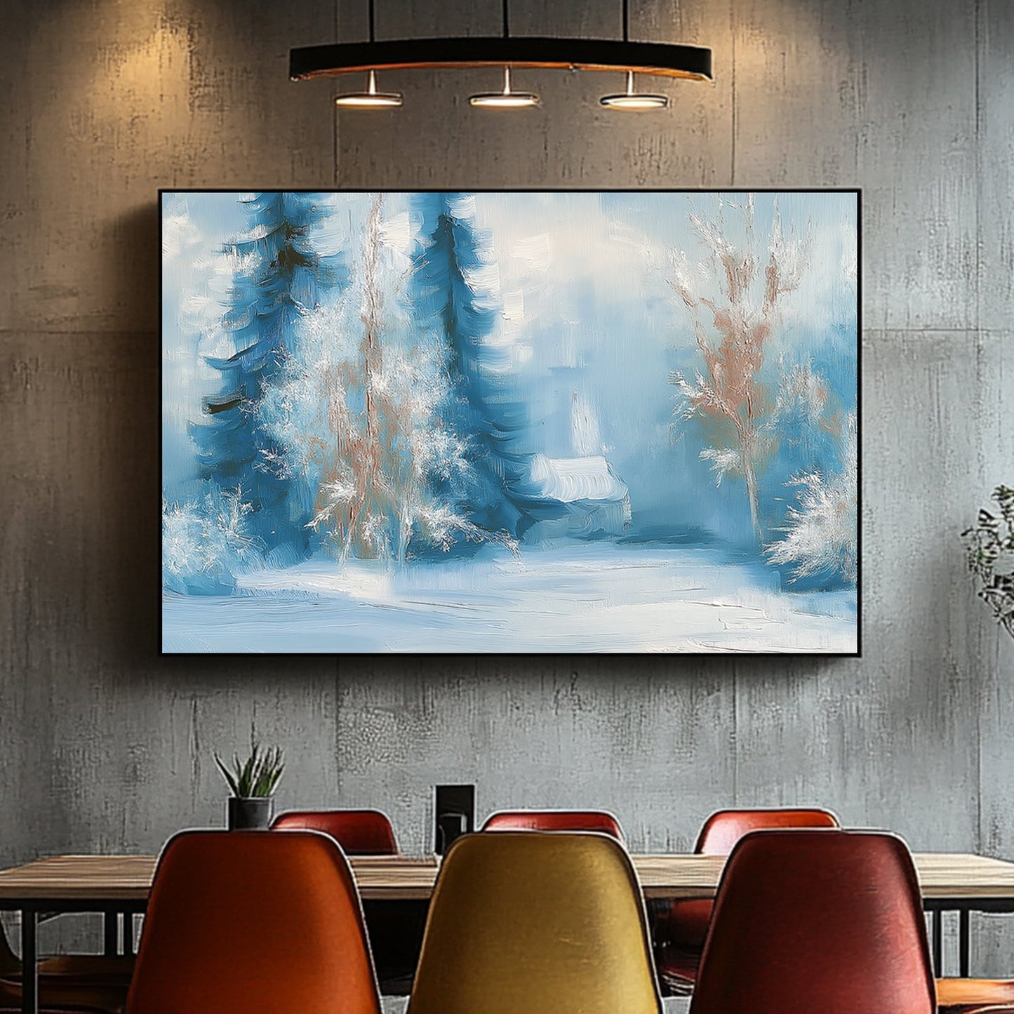 Impressionistic painting of frosted trees and a snowy cabin in shades of blue and white.