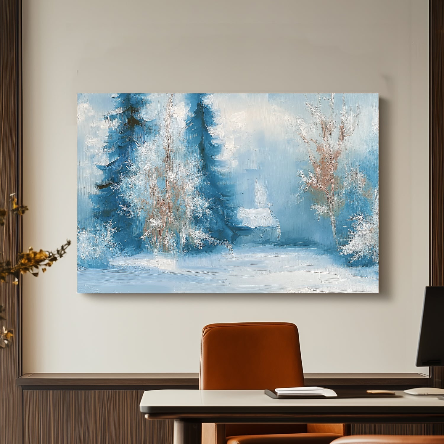 Impressionistic painting of frosted trees and a snowy cabin in shades of blue and white.