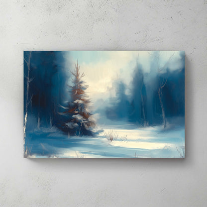 Impressionistic painting of a snow-covered pine tree in a quiet forest with soft twilight hues.