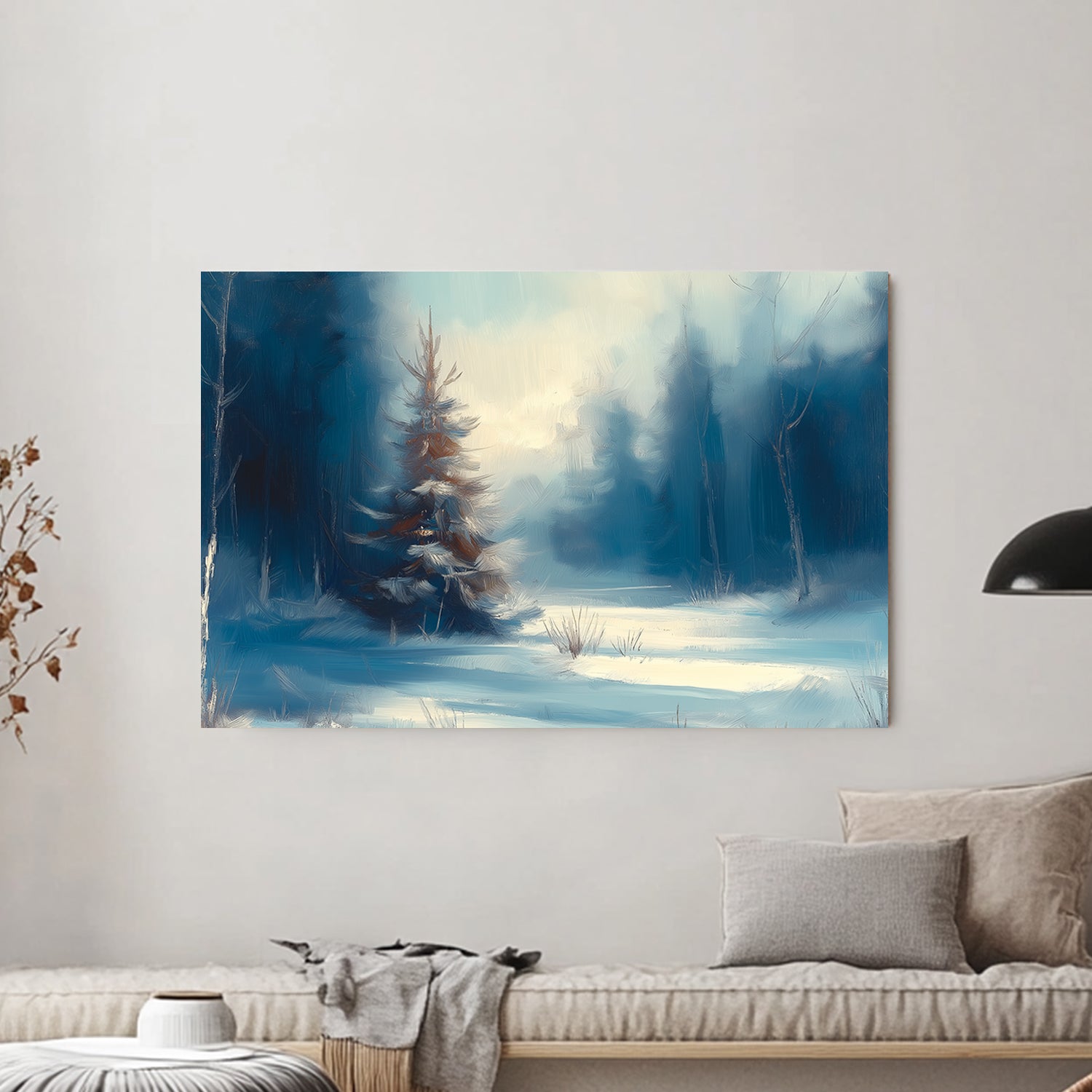 Impressionistic painting of a snow-covered pine tree in a quiet forest with soft twilight hues.