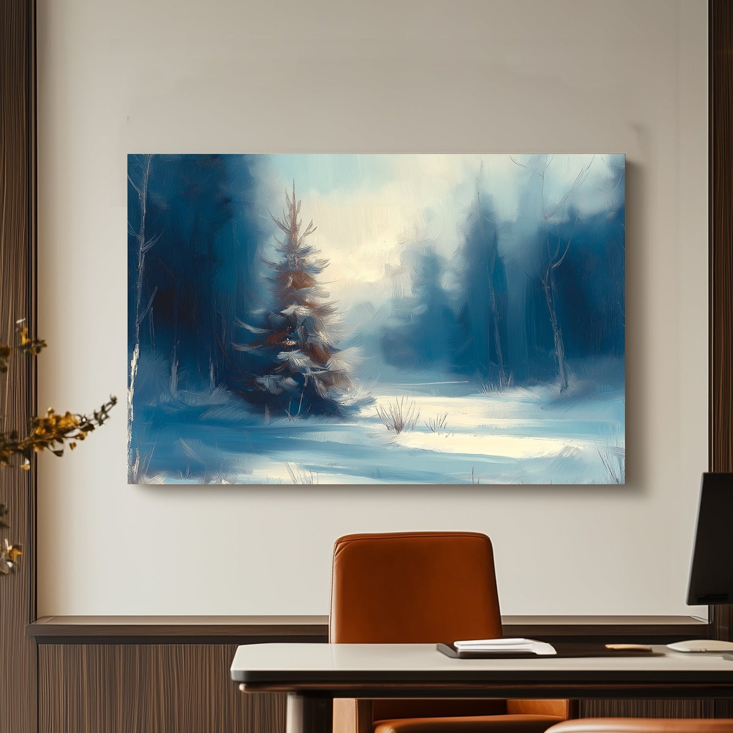 Impressionistic painting of a snow-covered pine tree in a quiet forest with soft twilight hues.