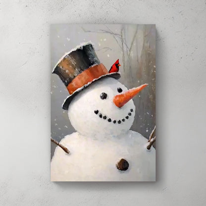 Painting of a smiling snowman with a rustic hat and a red cardinal perched on top in a snowy forest.