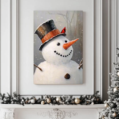 Painting of a smiling snowman with a rustic hat and a red cardinal perched on top in a snowy forest.