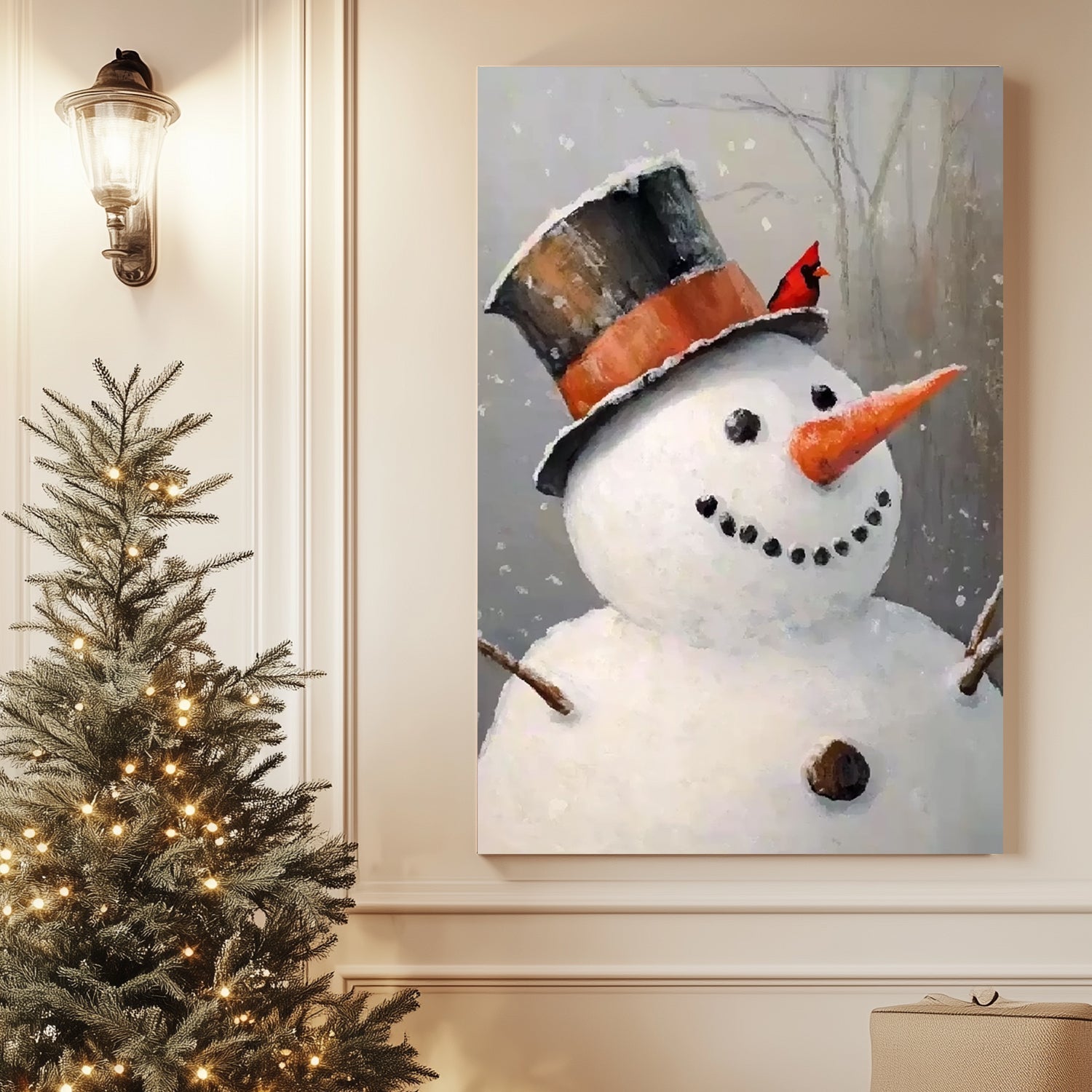 Painting of a smiling snowman with a rustic hat and a red cardinal perched on top in a snowy forest.