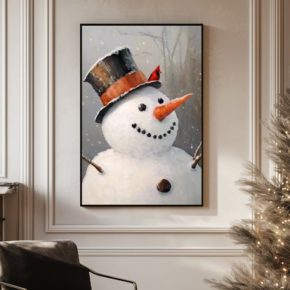 Painting of a smiling snowman with a rustic hat and a red cardinal perched on top in a snowy forest.