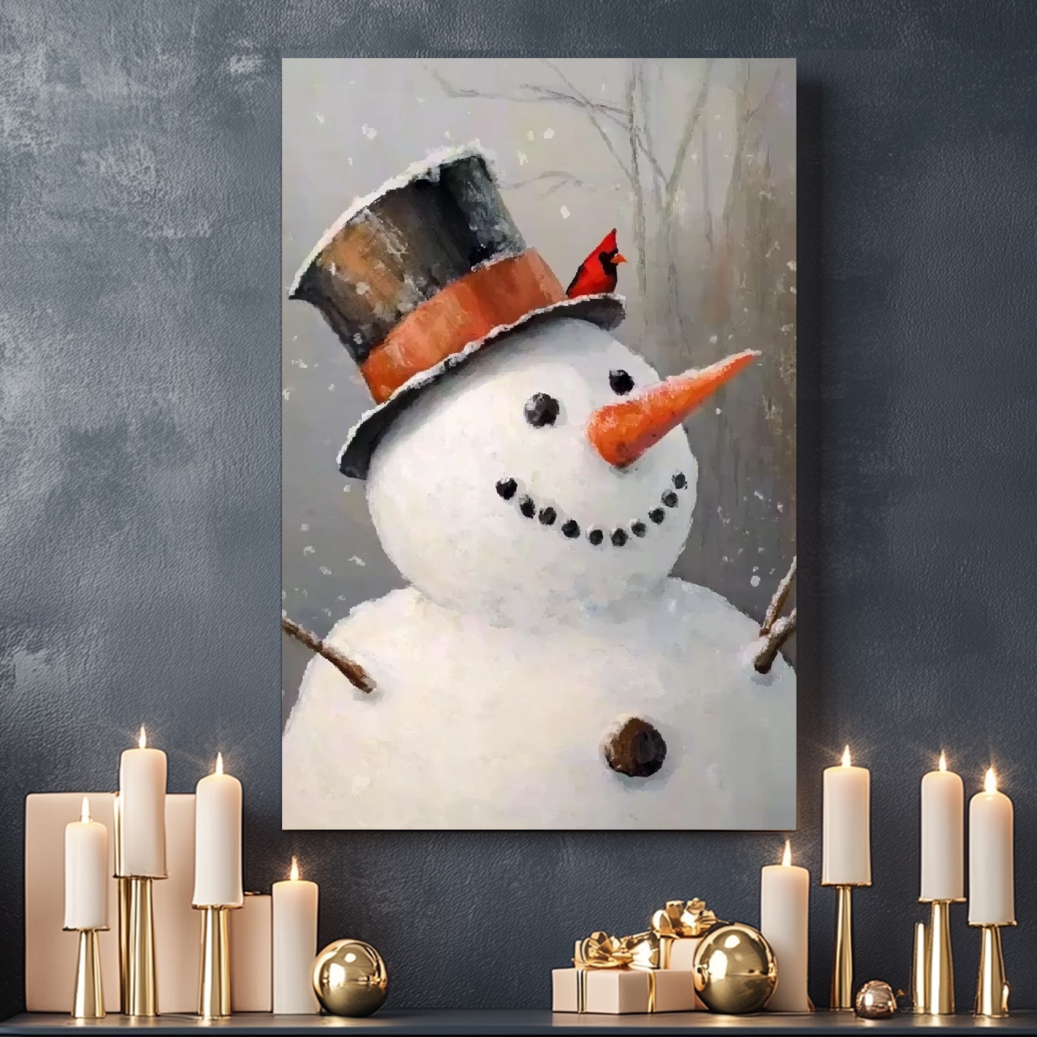 Painting of a smiling snowman with a rustic hat and a red cardinal perched on top in a snowy forest.