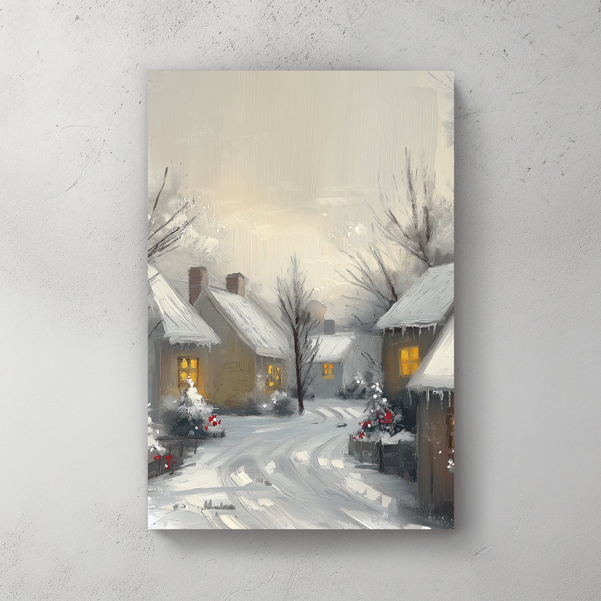 Painting of a quiet snowy village at dusk, with glowing windows and snow-covered houses.