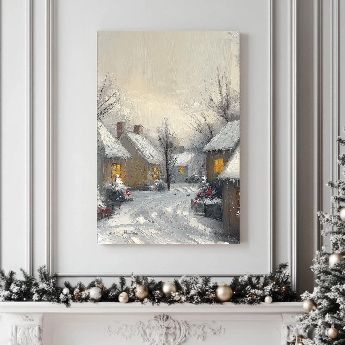 Painting of a quiet snowy village at dusk, with glowing windows and snow-covered houses.