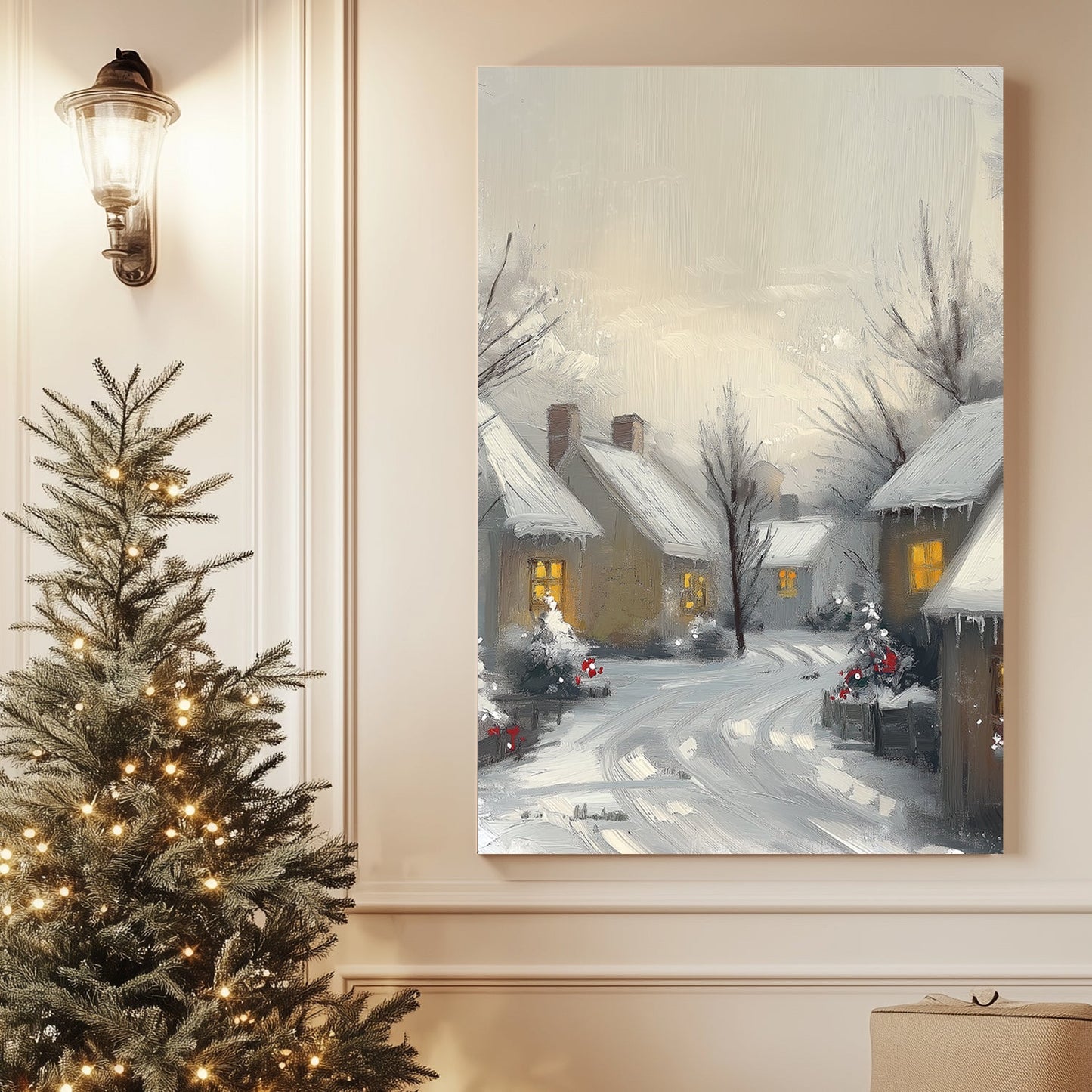 Painting of a quiet snowy village at dusk, with glowing windows and snow-covered houses.