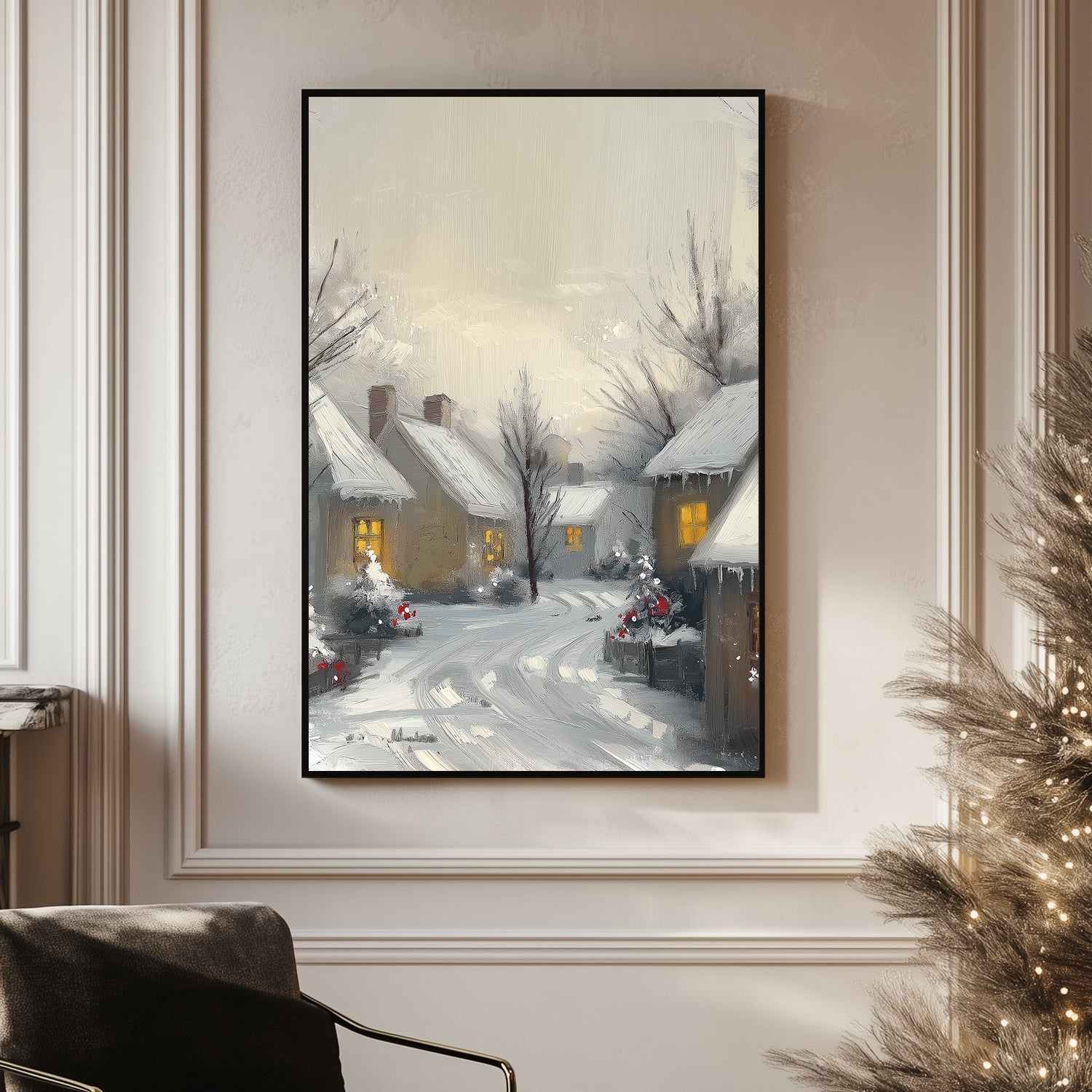 Painting of a quiet snowy village at dusk, with glowing windows and snow-covered houses.