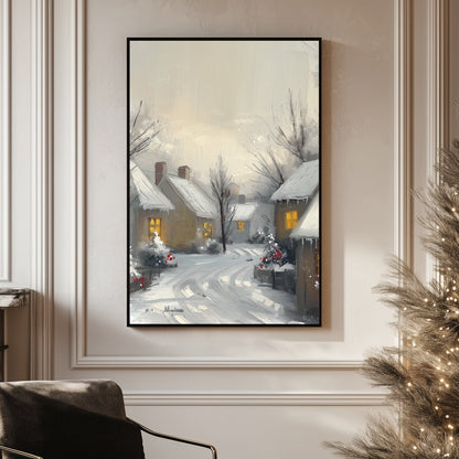 Painting of a quiet snowy village at dusk, with glowing windows and snow-covered houses.