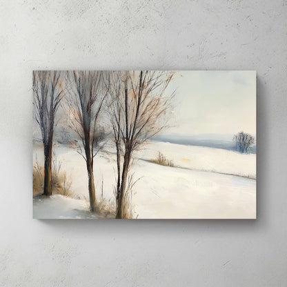 Painting of a tranquil snowy field with bare trees and a soft horizon.