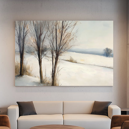 Painting of a tranquil snowy field with bare trees and a soft horizon.