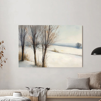 Painting of a tranquil snowy field with bare trees and a soft horizon.