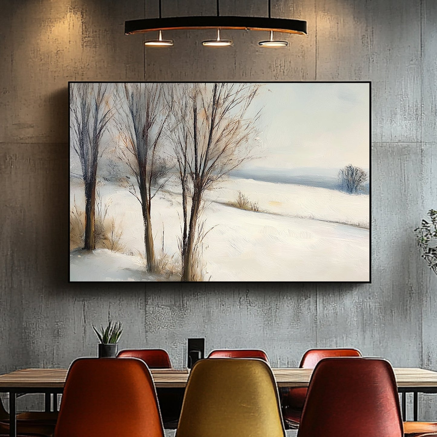 Painting of a tranquil snowy field with bare trees and a soft horizon.