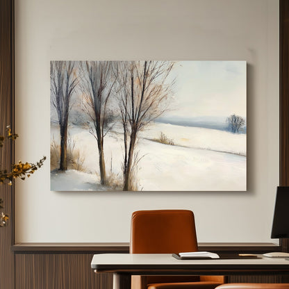 Painting of a tranquil snowy field with bare trees and a soft horizon.