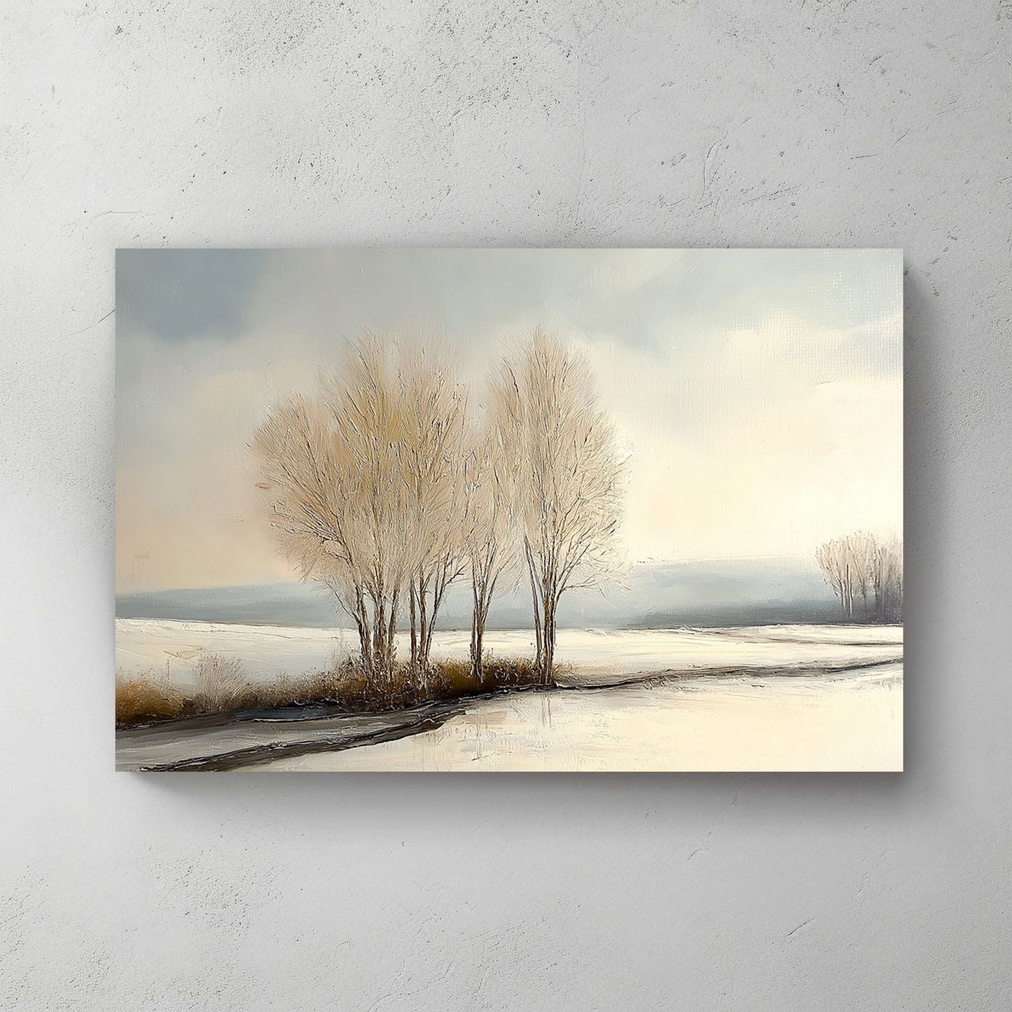 Painting of frosted trees in a snowy landscape under a pale winter sky.