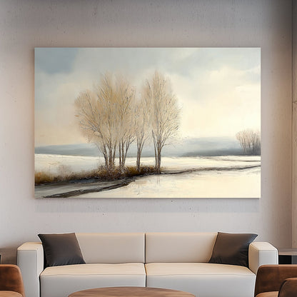 Painting of frosted trees in a snowy landscape under a pale winter sky.