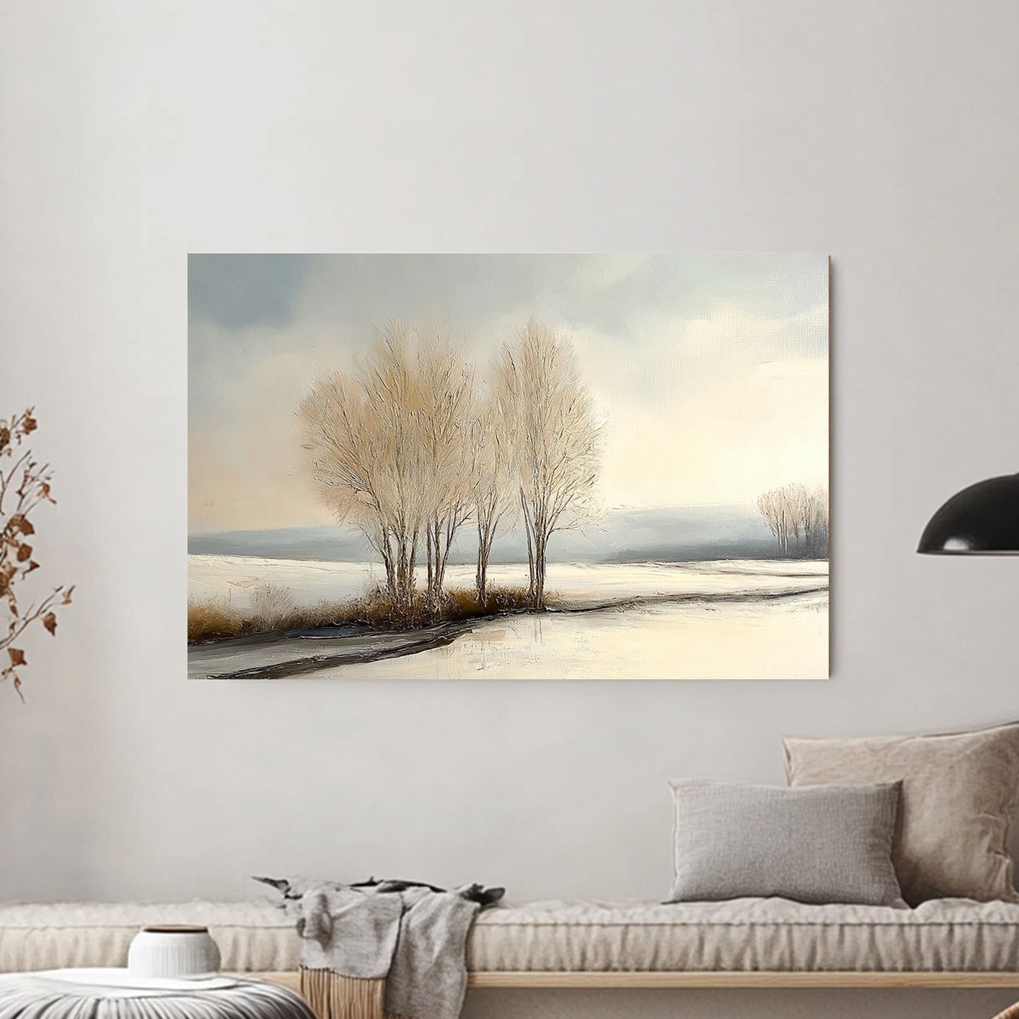 Painting of frosted trees in a snowy landscape under a pale winter sky.