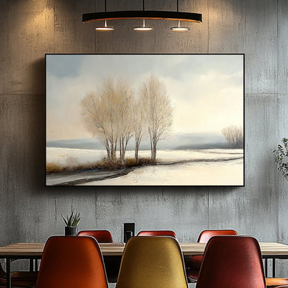 Painting of frosted trees in a snowy landscape under a pale winter sky.