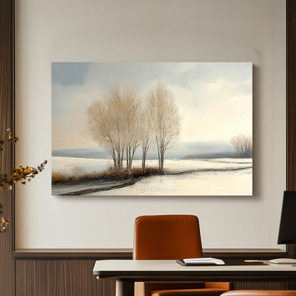 Painting of frosted trees in a snowy landscape under a pale winter sky.