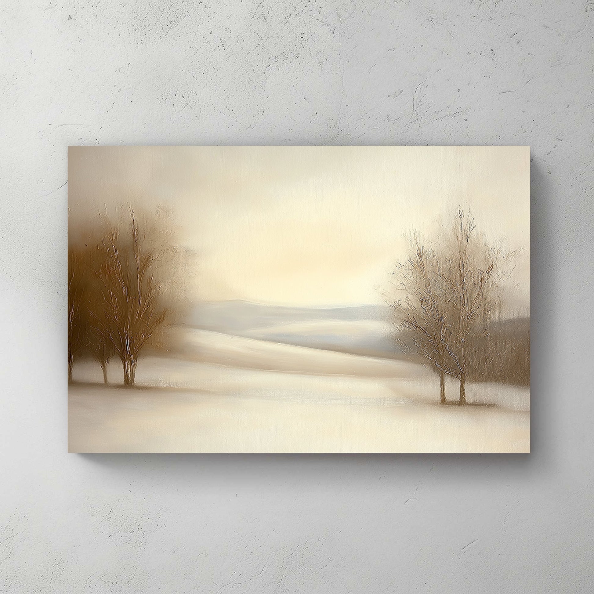 Serene snowy landscape with soft beige tones and bare trees under a pale winter sky.