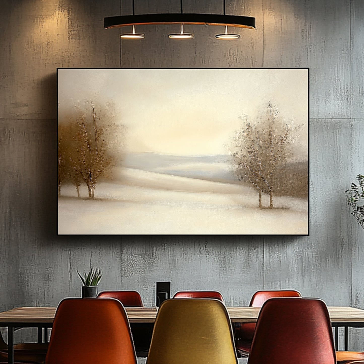 Serene snowy landscape with soft beige tones and bare trees under a pale winter sky.