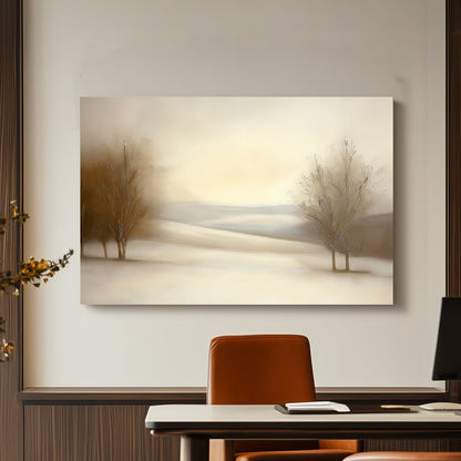 Serene snowy landscape with soft beige tones and bare trees under a pale winter sky.