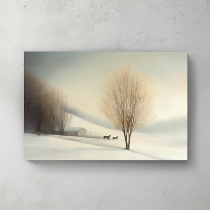 Winter landscape featuring a barn, two horses, and bare trees with soft mist and pastel lighting.