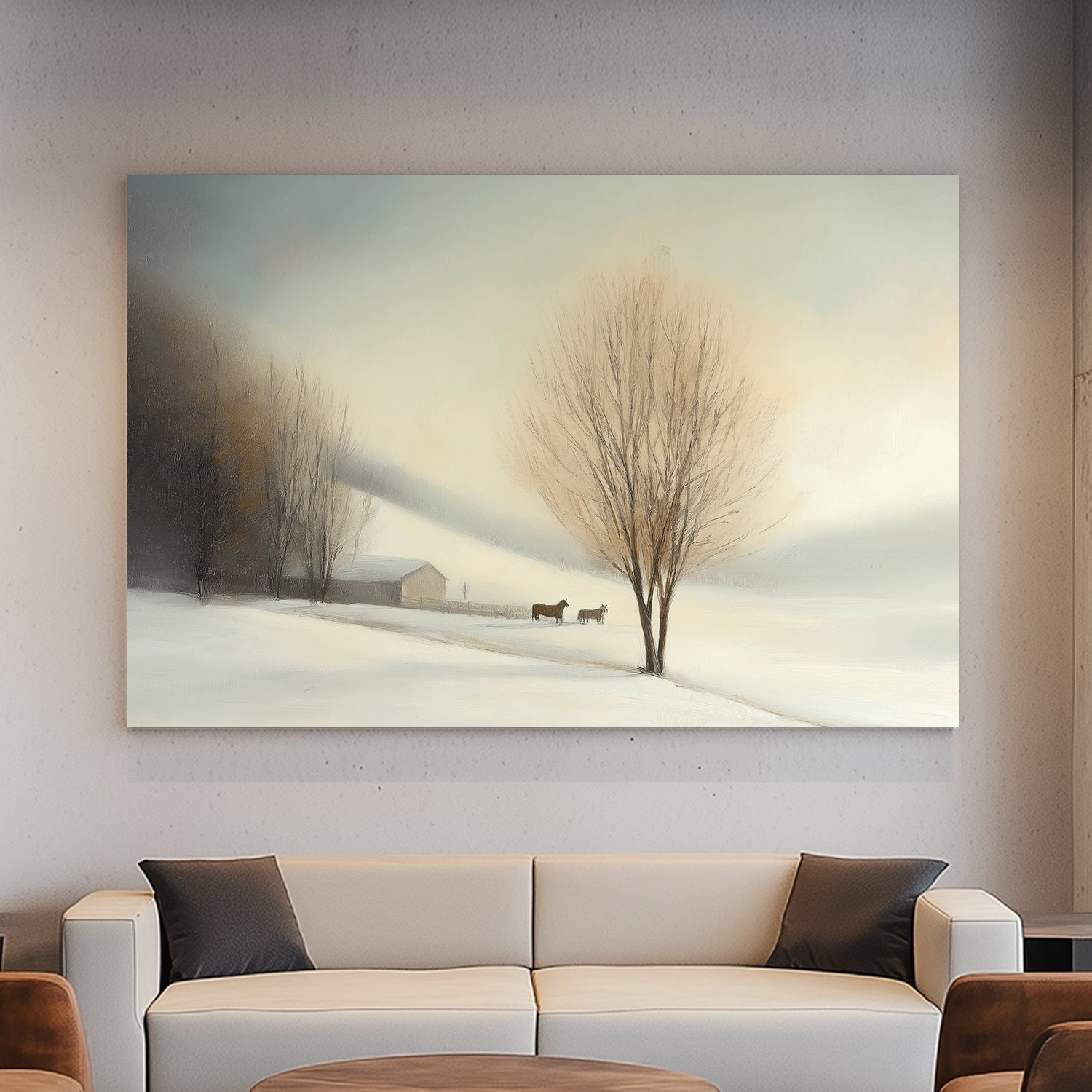 Winter landscape featuring a barn, two horses, and bare trees with soft mist and pastel lighting.