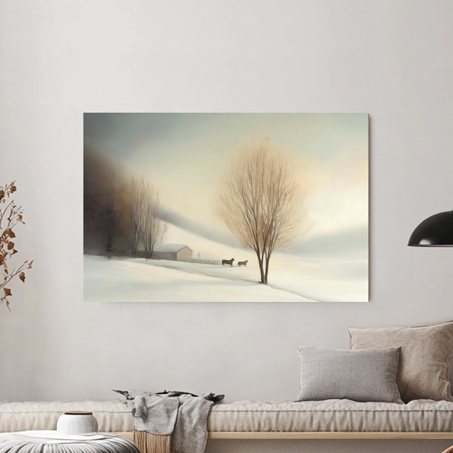 Winter landscape featuring a barn, two horses, and bare trees with soft mist and pastel lighting.