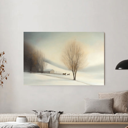 Winter landscape featuring a barn, two horses, and bare trees with soft mist and pastel lighting.