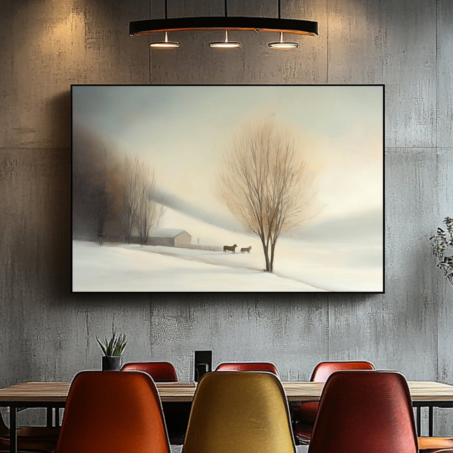 Winter landscape featuring a barn, two horses, and bare trees with soft mist and pastel lighting.