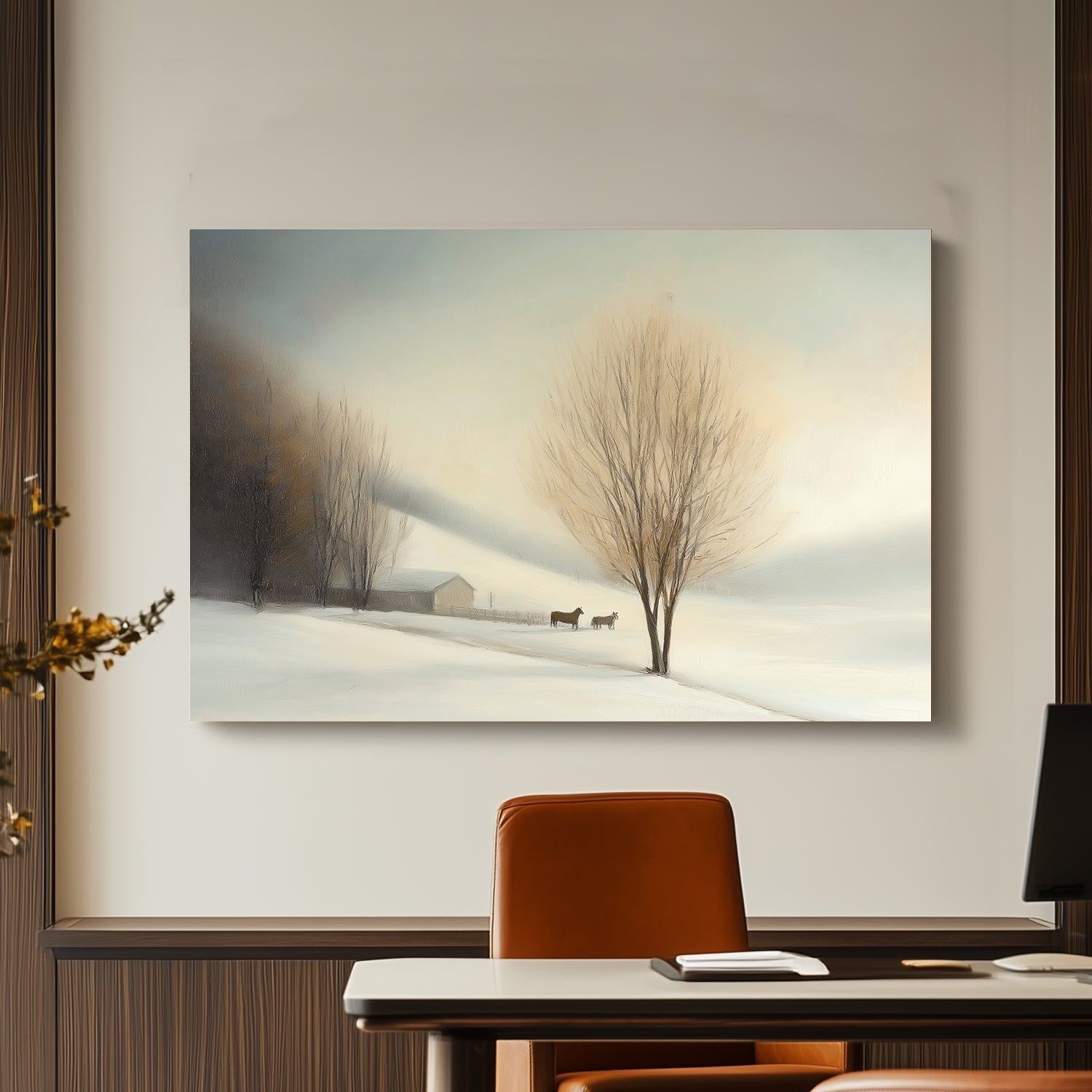 Winter landscape featuring a barn, two horses, and bare trees with soft mist and pastel lighting.