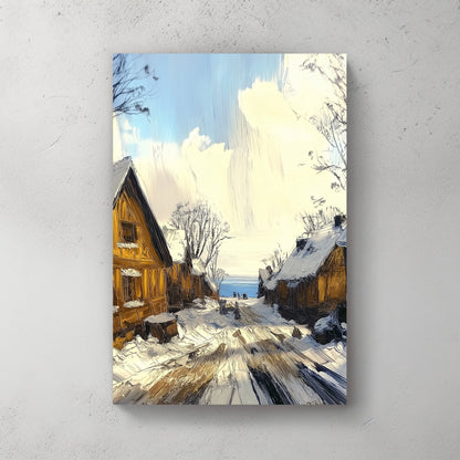 Snow-covered village street with warm wooden houses, golden lighting, and a blue sky backdrop.