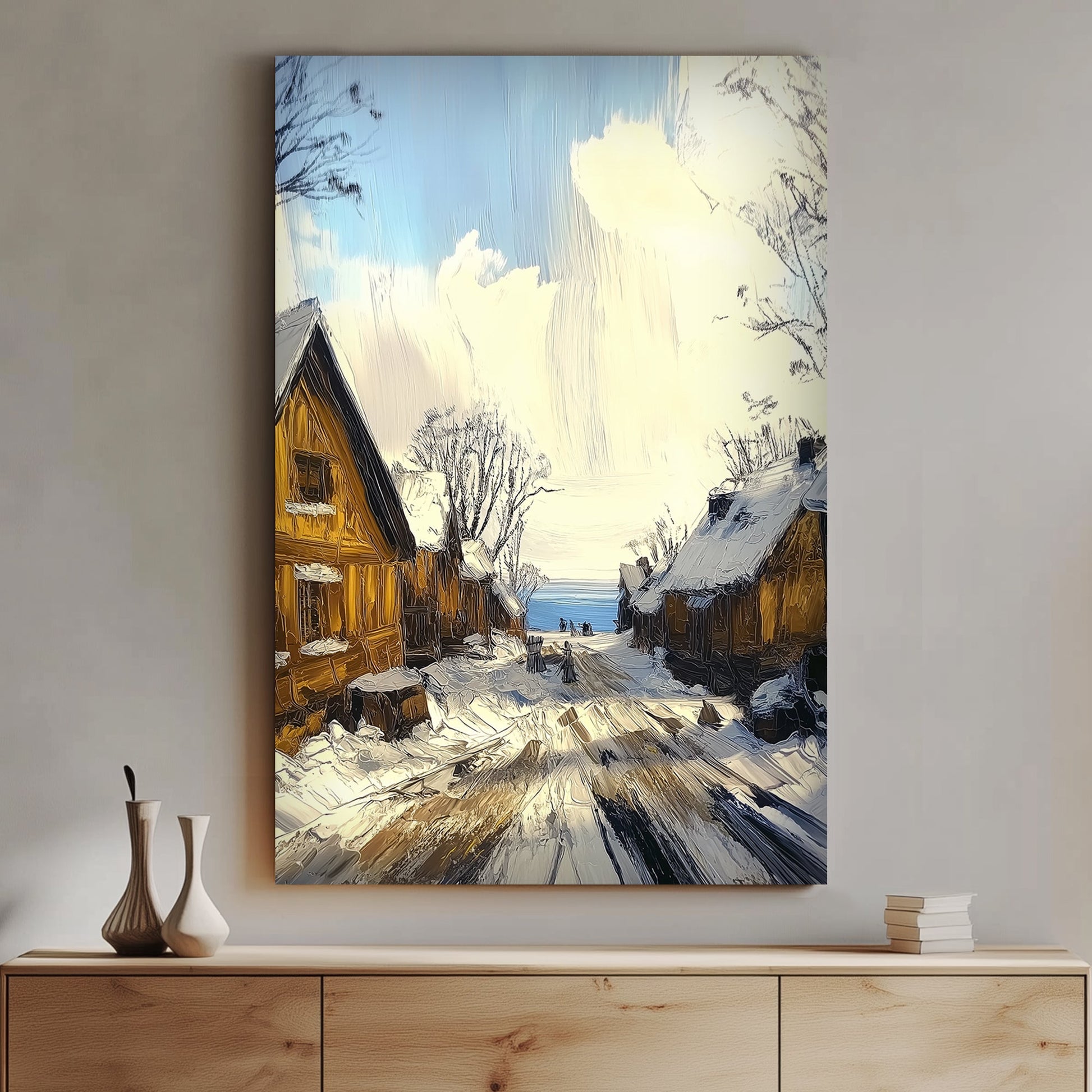 Snow-covered village street with warm wooden houses, golden lighting, and a blue sky backdrop.